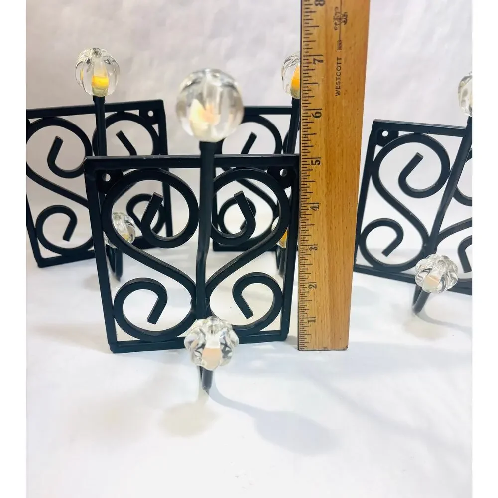 Set of Black Metal Decorative Wall Hooks w/ Vintage style Crystal Tips